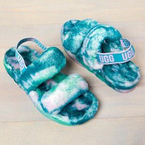 NEW UGG Size 7 Womens Oh Yeah Marble Fur Slides - Aquatic Blue